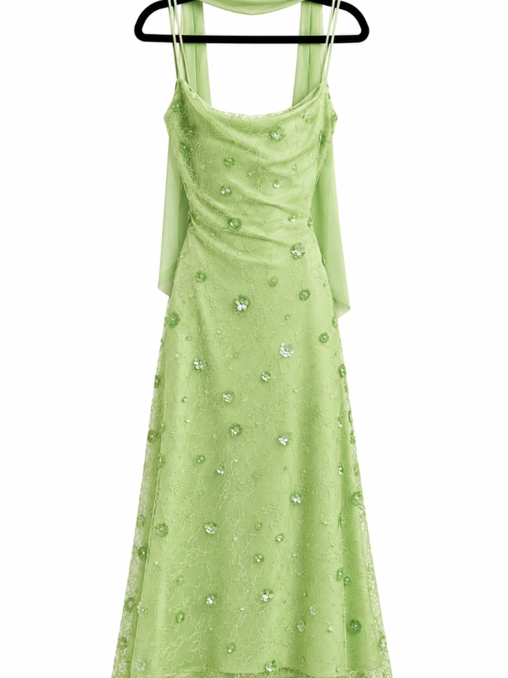 BHLDN Green Lace Floral Sequin Midi Dress With seperate neck tie